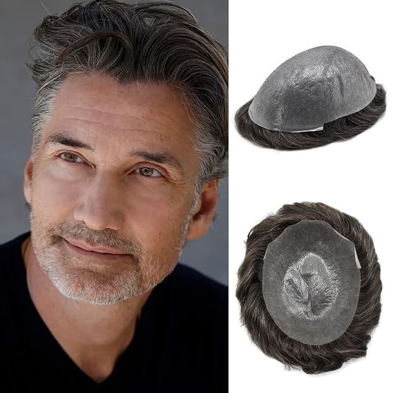 Hair Toupee for Men 100% European Human All V-loop Craft 0.03-0.06mm Ultra Thin Skin Hair Replacement Systems Mens Toupee Protesis Capilar Para Hombre6x8#1B20 1B# OFF BLACK+20% Grey-100% Density