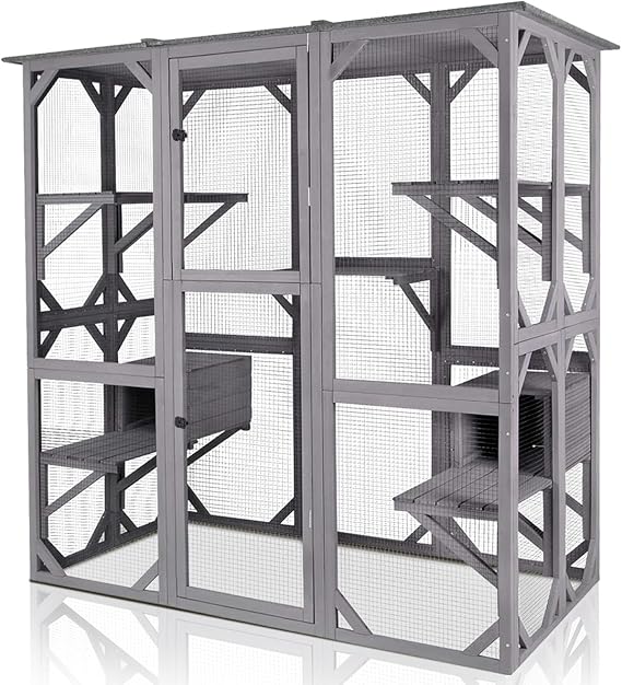 Gutinneen Catio Large Cat House Outdoor Walk in Outdoor Cat Enclosure Indoor Cage Kitty Condo Playpen with Door, Platform & Small House - 71"