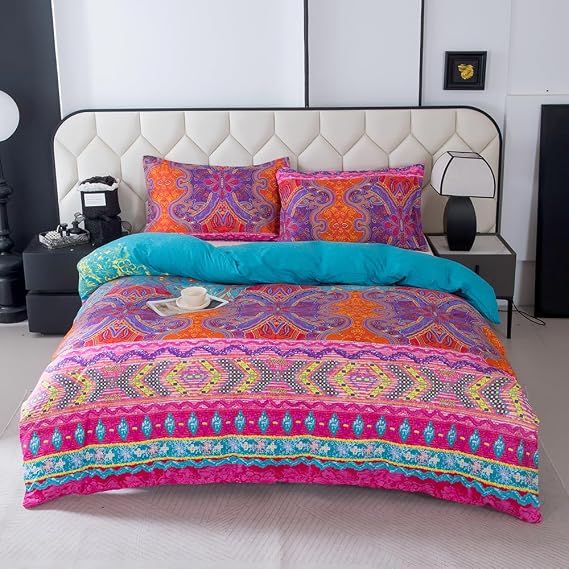 Queen Size Boho Printed Bed Fitted Sheet,Duvet Cover and Pillowcase Set