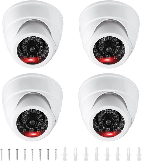 PATIKIL Fake Security Camera, 4Pcs Dummy Dome Cameras with Flashing Red LED Light/Screw/Cover for Indoor & Outdoor Home Business, White
