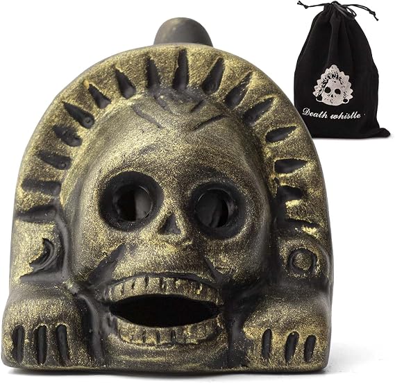 Authentic Aztec Death Whistle - Handcrafted Clay Skull with Ear-Piercing Scream Sound for Horror Films, Halloween Pranks & Spiritual Rituals (Sunburst Gold)