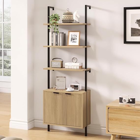 Ladder Bookshelf with Cabinet, 71" Tall Wall Bookshlef with Shelves & Storage, Fluted Ladder Shelf with Metal Frame, 6-Tier bookcase Shelf for Living Room, Home & Office, Bedroom, Natural & Black