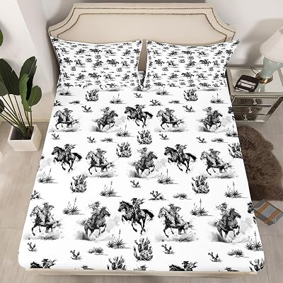 Western Cowboy Kids Fitted Sheet Queen Size, Rustic Farmhouse Bedding Set, Adults Bedroom Decor, Cowboy Hat Country Bed Cover, Retro Bed Sheet, 2 Pillowcases
