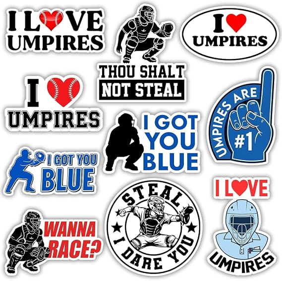 SODAVA | Funny Umpire Stickers Pack of 10, 3x3 Inch Baseball Softball Catcher Decals, Waterproof Vinyl Stickers for Helmet Laptop Water Bottle, Sports Decoration for Players Coaches Fans