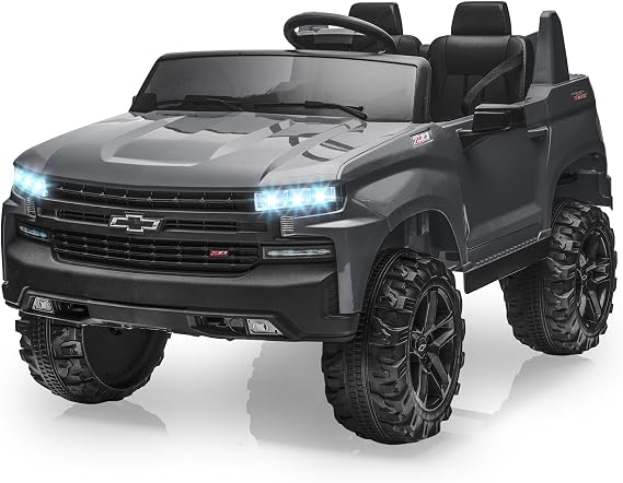Jojoka Baby Car 24V 2-Seater Truck Licensed Chevrolet Silverado Ride On Toy w/Parent Remote Control,4xSpring Suspension, Wireless Music, Electric Vehicle Car for Kids Ages 3-8,Gray