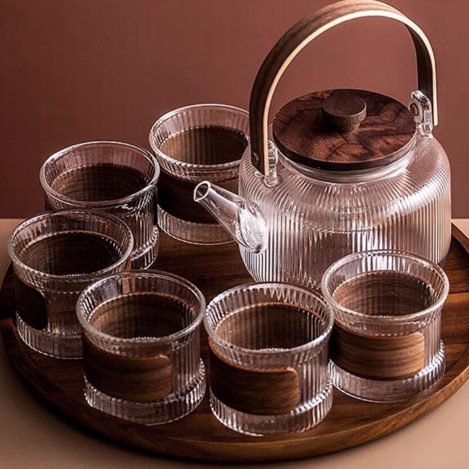 Glass Teapot Kettle, 2 kinds of Removable Tea Strainer and Wooden Lid, Borosilicate Glass Teapot Stovetop, Heat Resistant Tea Kettle, Gas & Electric Stove, Tea Maker for Boiling Tea Hammer Wooden Lid