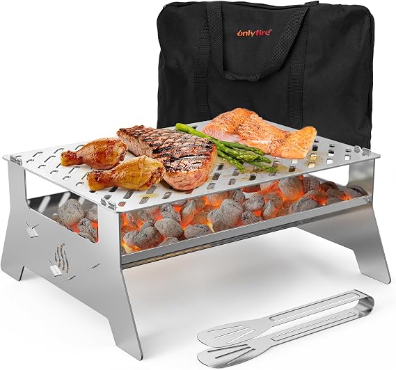 Onlyfire Portable Charcoal Grill, Heavy Duty Stainless Steel | Foldable Barbecue Grill, Carry Bag and BBQ Tong, For Patio Backyard, Outdoor Camping, Picnic and Hikin