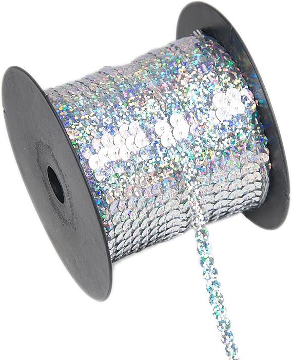 100 Yards Flat Round Sequin Trim String,6 mm Silver Sequin Trim Glitter Sequin Ribbon Metallic Trim Strand for Crafts Sewing Wedding Dress Clothes Party Embellish