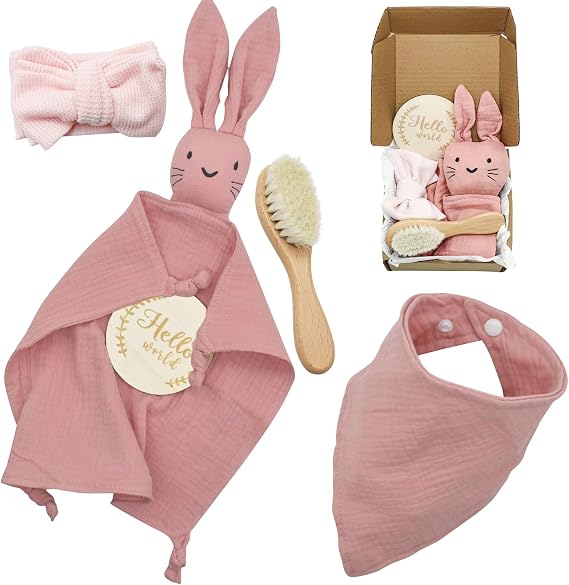 Baby Comforter Blanket Baby Gift Girl Boy Personalised Gift Newborn with Comforter Bib Turban Milestone Cards and Brushes Pink