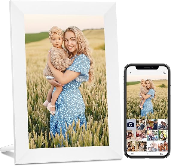 AEEZO 10.1 Inch WiFi Digital Picture Frame, IPS Touch Screen Smart Cloud Photo Frame with 32GB Storage, Auto-Rotate Easy Setup to Share Photos or Videos via AiMOR APP, Wall Mountable White