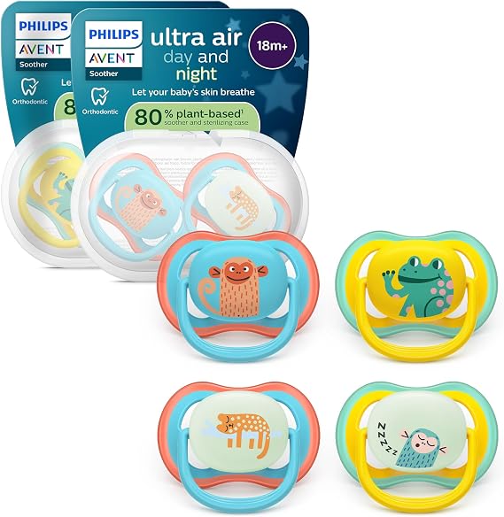 Philips Avent Ultra Air Day & Night Soothers - Orthodontic Design, for Babies 18 Months+, Glow-in-The-Dark Version, Extra-Firm Symmetrical Teat, BPA-Free, Sterilizing Cases, 4 Pack, SCF349/56