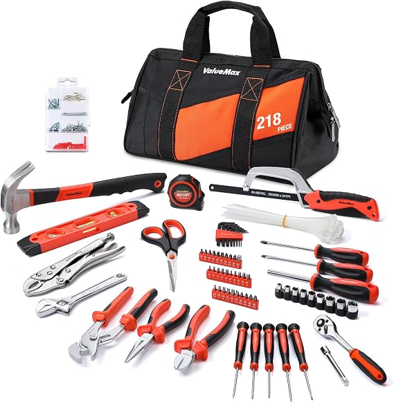 ValueMax 218PC Home Tool Kit with 13-Inch Tool Bag, Household Repair and DIY Tool Set, Including Pliers Set, Metric Sockets Set, Ratchet Wrench, Bits Set, Screwdrivers, Hammer, Tape Measure, Hacksaw