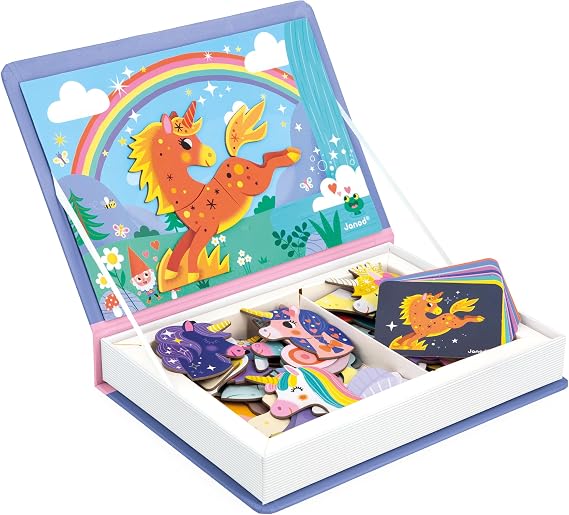 Janod - Magneti'Book Unicornes - Magnetic Educational Game 44 Magnets + 10 Models - Children's Toy Made of Cardboard - Develops Dexterity and Imagination - Ages 3 and Above | Develops Dexterity and Imagination - Sturdy Cardboard - 10 Models Included - Fun Activity for Kids Ages 3 and Up