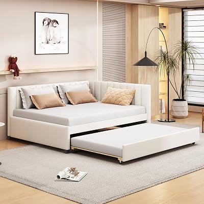 Daybed Full Size with A Trundle, Linen Fabric Upholstered Full Day Bed, Sofa Bed Frame, No Box Spring Needed, Beige