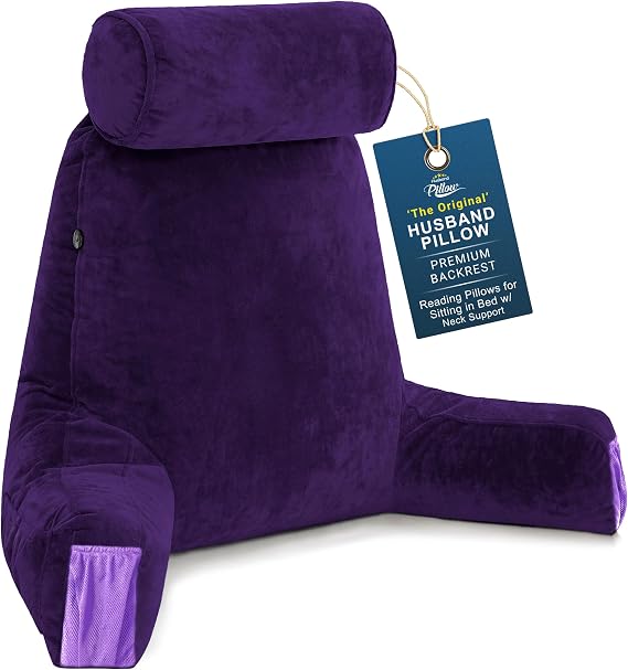 Husband Pillow Medium Reading Pillow with Arms - 23" Backrest for Sitting Up in Bed - Firm Support Bed Rest Pillow for Adults, Neck Roll, Removable Cover - TV, Reading, Lounging - Purple