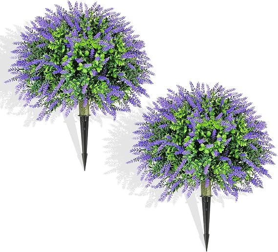 Set of 2 Artificial Christmas Boxwood Topiary Ball Shrubs, 20" UV-Resistant Faux Outdoor Plants with Ground Spikes Realistic Purple and Green Decorative Bushes for Porch, Patio, Garden, Yard Decor
