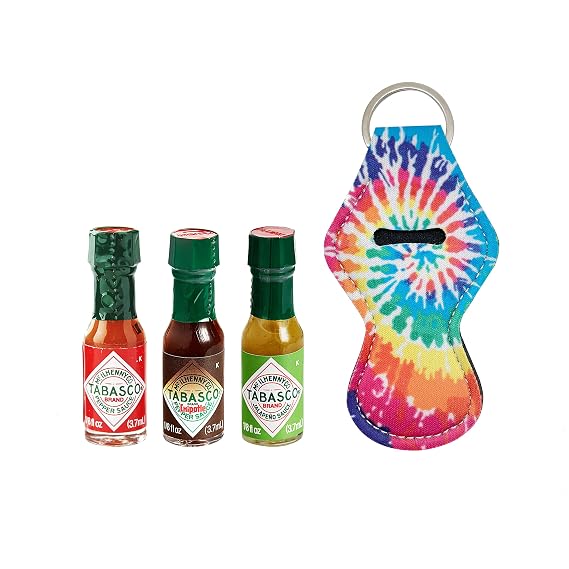 Mini Bottles of Tabasco Sauce - Original, Green & Chipotle Miniature Hot Sauce (3.7 ml x 3) & 1 Mini Hot Sauce Keychain for Mini Tabasco Sauce Bottles
