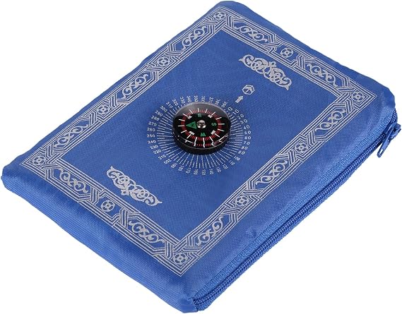 Anlising Islamic Travel Prayer Mat, with Compass Pocket Sized Carry Bag and Attached Compass Prayer Rug Portable Polyester 60 * 100cm Blue