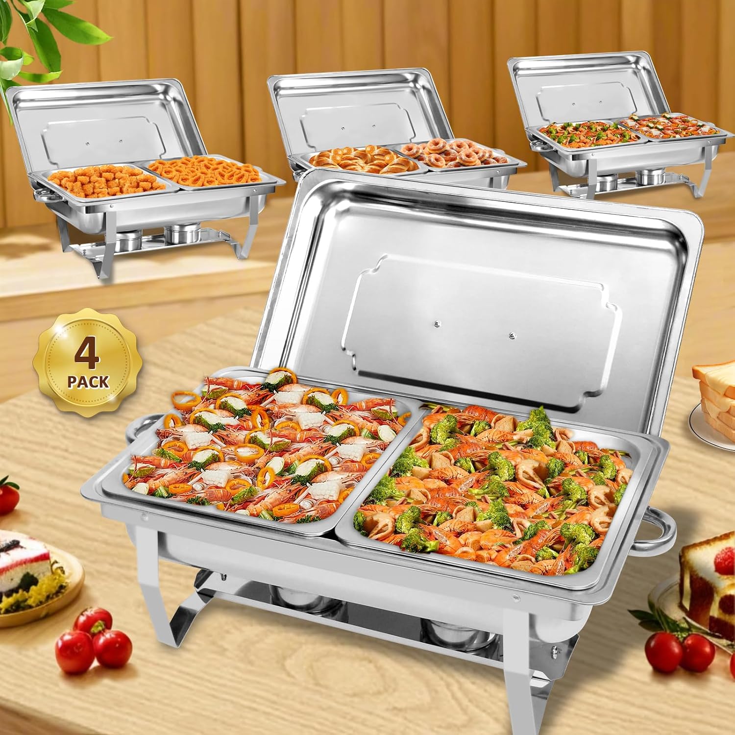 Chafing Dish Buffet Set, 4 Pack 8QT Stainless Steel Buffet Chafers with Half Size Food Pan Foldable Catering Food Warmer for Wedding Banquet Catering Party