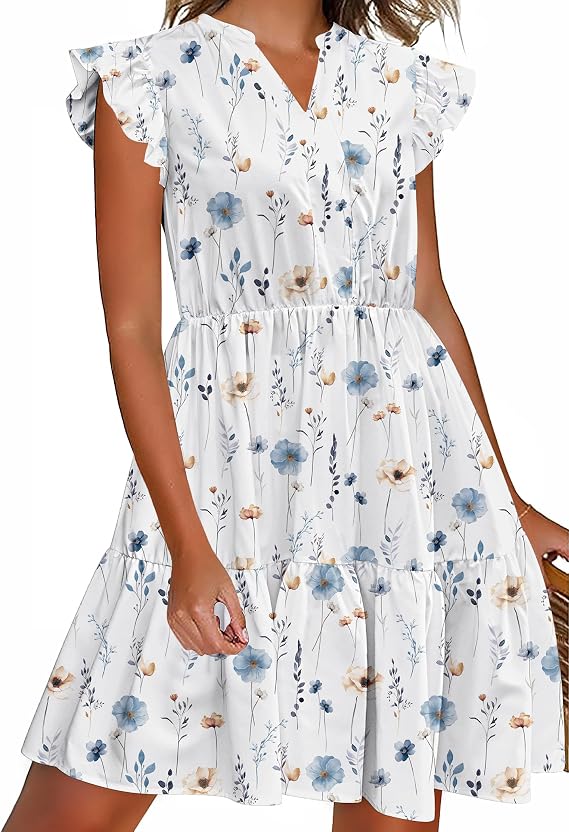 HOTOUCH Women Printed Dress for Summer Short Ruffle Sleeve Dress Tiered Mini Dress with Pockets