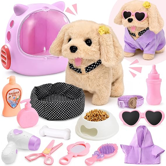 Cleboen 17pcs Robot Dog Toys for Girls, Toys for 3 4 5 6 7 8 Year Old Girls Kids Boys, Realistic Interactive Robot Puppy with Walk & Bark, Pretend Play Pet Care Set, Girl Toy Age 4-5 6-7 Birthday Gift