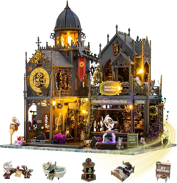 Mostop DIY Miniature House Kit: 3D Wooden Puzzle for Adults Miniature Kit, Magic Castle Tiny Model Dollhouse Kit with LED Light, Mini House Building for Adults & Teens, Creative Crafts for Women