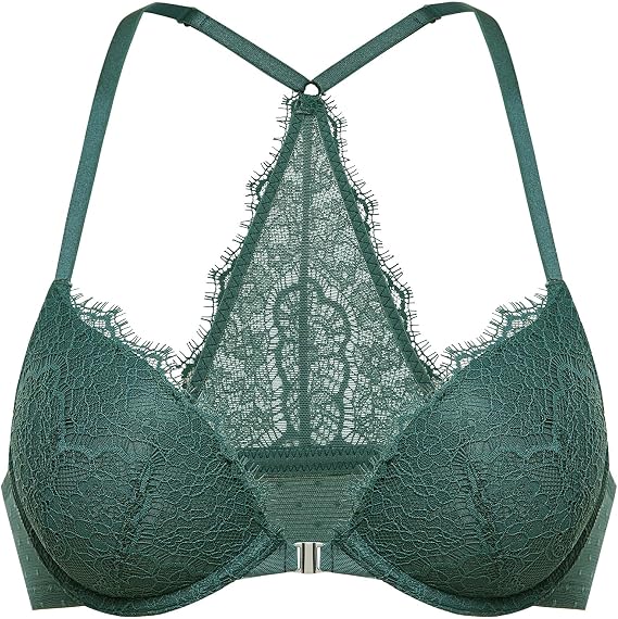 DOBREVA Women's Push Up Racerback Bra Front Closure Lace Halter Plunge Bras Padded Full Coverage Underwire