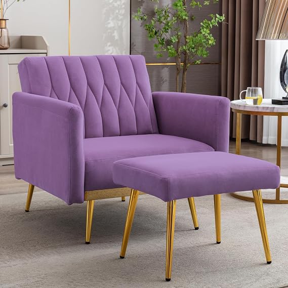 Modern Velvet Single Sofa Chair with Ottoman, Accent Living Room Chairs with Adjustable Armrests, Upholstered Tufted Lounge Chair for Home, Bedroom, Office (Purple)