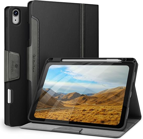 Antbox Case for iPad Air 11-inch M4/M3/M2 (2026/2025/2024), iPad Air 5th/4th Generation 10.9'' Vegan Leather with Pencil Holder Typing Angle Auto Sleep/Wake Muti-Stand (Black)