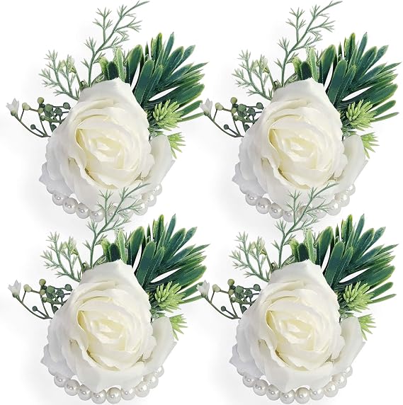Artificial Flowers White Rose Wrist Flowers and Men's Corsage Wedding Flowers Ceremony (4pcs White Wrist Corsages)