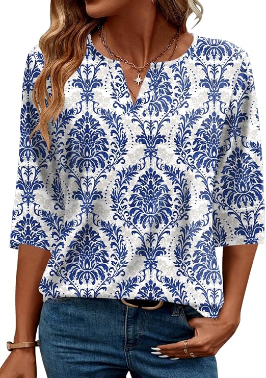 AKEWEI Women's V Neck 3/4 Sleeve T Shirts Summer Top Dressy Casual Basic Tees Shirt Tunic Blouses