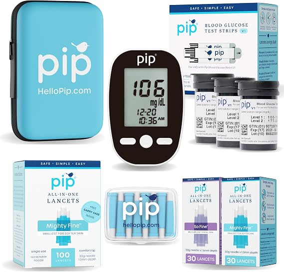Pip Blood Glucose Monitor Kit - 150 Test Strips, 160 Lancets & Case