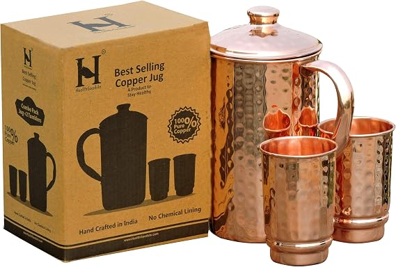 Copper Pitcher with 2 Copper Cups Set | Pure Copper Water Jug & matching tumblers Set for Home & Wellness, Hammered Finish Handcrafted for Daily Hydration & Natural Living
