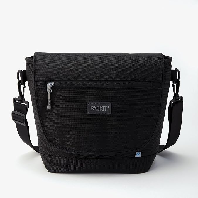 PackIt Freezable Brooklyn Crossbody, Black, Engineered with EcoFreeze Technology: Triple Layers for Protection and Ultimate Cooling, Removable Crossbody Strap, For Office Lunches, Fresh Food On the Go