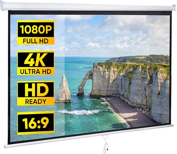80 Inch Projection Screen, Outdoor Indoor 16:9 HD Foldable Manual Pull Down Projector Screen for Movie Home Backyard Theater Cinema Office Video Game, White