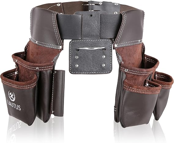LAUTUS Oil Tanned Leather Tool Belt Rig, Carpenter, Construction, Framers, Handyman - 100% LEATHER |Adjustable Pockets| 8 Pockets | 4 Loop & Hammer Holder|