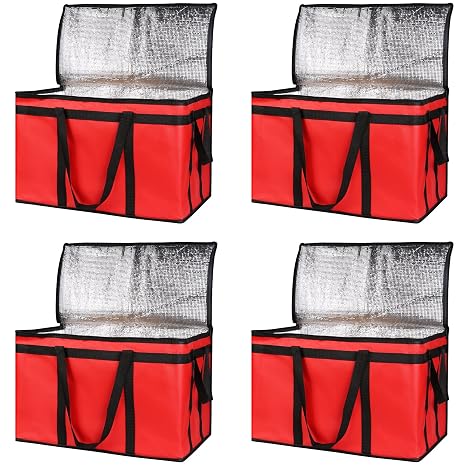 Bodaon 4-Pack Insulated Food Delivery Bag, -Large Meal Grocery Tote Insulation Bag for Hot and cold Food, Commercial, Large Capacity Reusable Warming Bag, Red