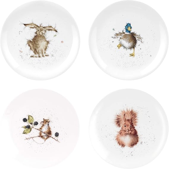 Royal Worcester Wrendale Designs Fine Bone China Coupe Plate, Set of 4 - 8 Inch Plates with Assorted Animal Designs - Hare, Duck, Hamster, Squirrel - Christmas Tableware for Cozy Dining