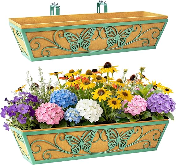 2 Pack 24 Inch Window Boxes Planter for Outdoor Plants Deck Railing Planters Box with Adjustable Brackets for Porch Fence Balcony Hanging Flower Baskets with Liner for Garden Decor - Green