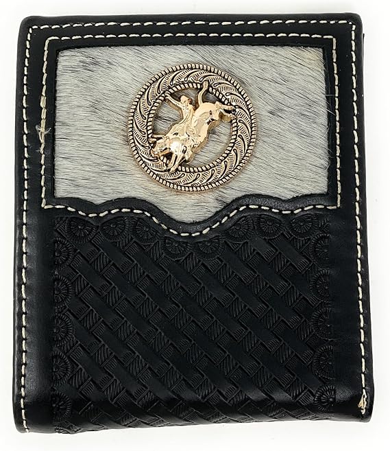 Western Genuine Woven Leather Cowhide Mens Bifold Short Wallet in Multi Emblem (Black Rodeo)
