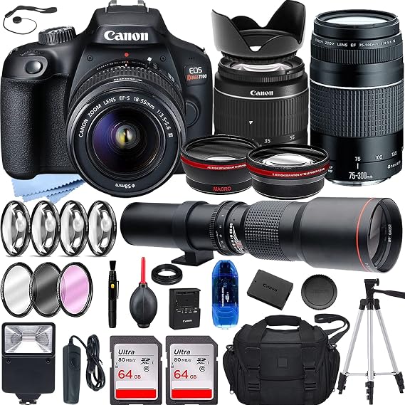 Camera Bundle for Canon EOS Rebel T100 (EOS 4000D) DSLR Camera Bundle with EF-S 18-55mm f/3.5-5.6 III, EF 75-300mm f/4-5.6 III, 500mm f/8 Manual Telephoto Lens + Accessory Kit