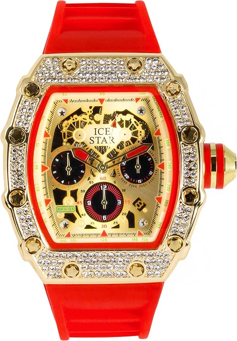Men's 45mm Iced Out Tonneau Shape Watch, Silicone Band