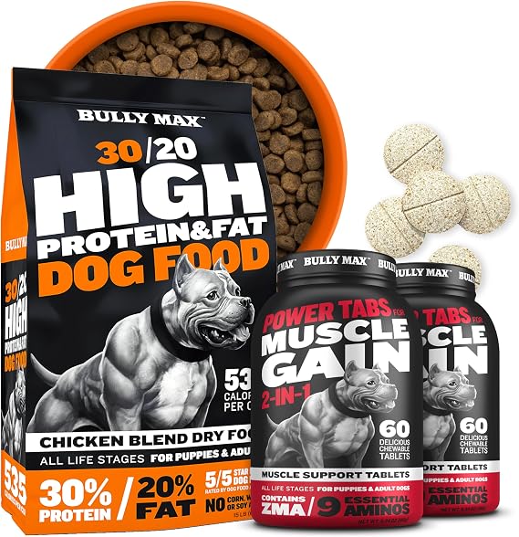 Bully Max High Performance Dog Food + Muscle Builder Supplement - Premium High-Protein Dry Dog Food for All Ages (15lb. Bag) with Chewable Tablets for Muscle Gain (2 Bottles, 60tabs/Bottle)