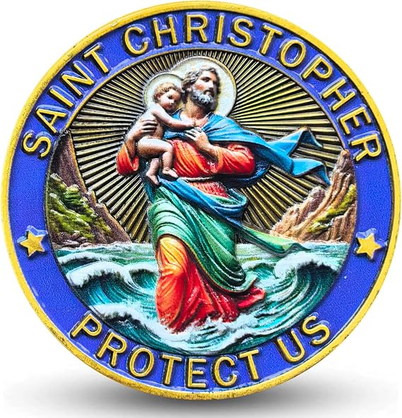 Saint Christopher Challenge Coin - Patron Saint of Travelers Protection Medal with Prayer for Safe Journey, Religious Travel Gift, 1.57 inches