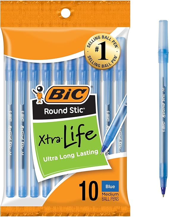 BIC Round Stic Xtra Life Blue Ballpoint Pens, 10-Count Pack, 1.0mm | Medium Point (1.0mm) for Smooth Writing | Flexible Round Barrel Design | No. 1 Selling Ballpoint Pens