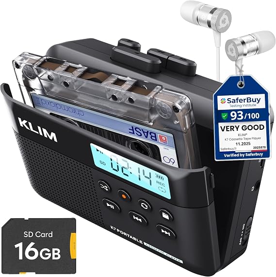 K7 Cassette Player with Fusion Earphones, Convert Tape to MP3, 16GB SD Card