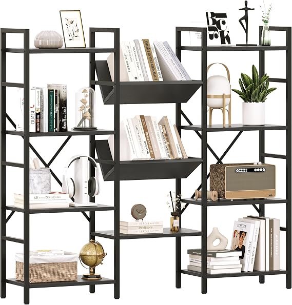 GAOMON Triple Wide 4 Tier Book Shelf, 54.3 Large Bookcase with 11 Open Shelves, Industrial Bookshelves and Bookcases with Metal Frame for Home Office, Study Room, Living Room-Black