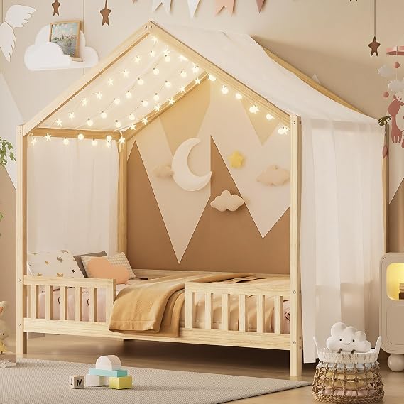 Twin Size House-Shape Bed with Canopy and High Railings, Wood Kids Bed Frame with Roof (Natural, Twin)