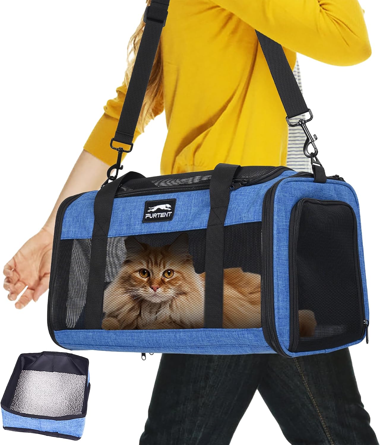 TSA Airline Approved Pet Carrier for Cats and Small Dogs - Soft Sided, Foldable, Cat Dog Carrier Fits Pets Up to 15 lbs - Ideal for Travel, Car Rides, and Vet Visits - Dark Blue