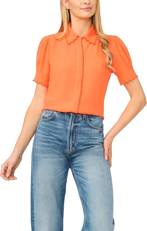 CeCe Women's Short Sleeve Scallop Trim Button Up Top Modern (Pack of 1)